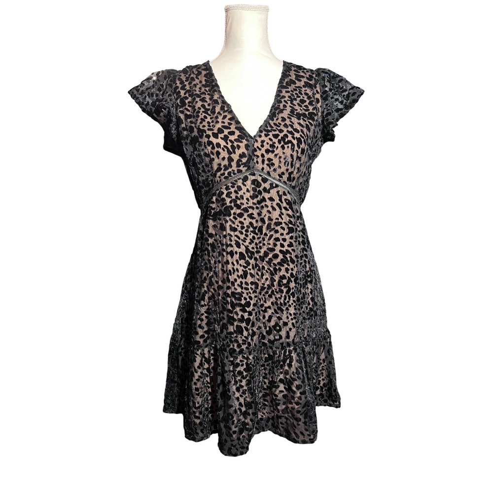 Lucy Paris Burnout‎ Velvet Leopard Print Boho Mini Dress Flutter Sleeve Black